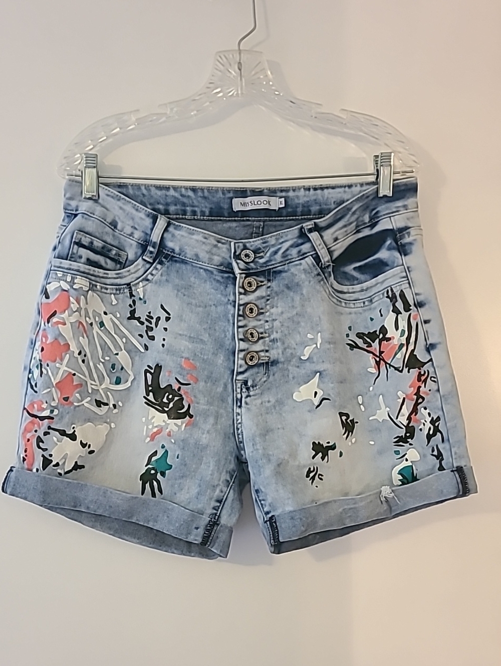 Misslook Street Art High Rise Button Fly Paint Splatter Distressed Denim Shorts
